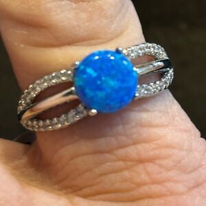 Dazzling Blue Opal and CZ Silver Ring